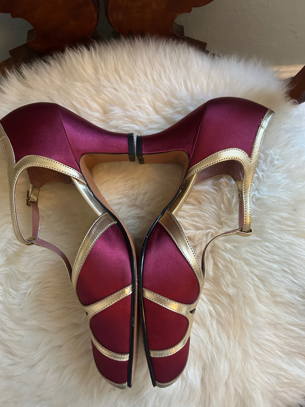 American Duchess Lilith Gold and Burgundy Cutout T-Strap Heels 9.5 - Picture 5 of 8
